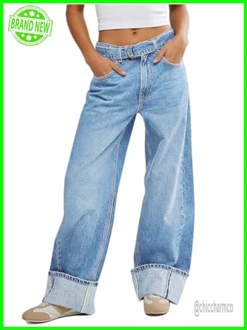 Wide Leg Cuffed High Waisted Baggy Denim Jeans Boyfriend Style